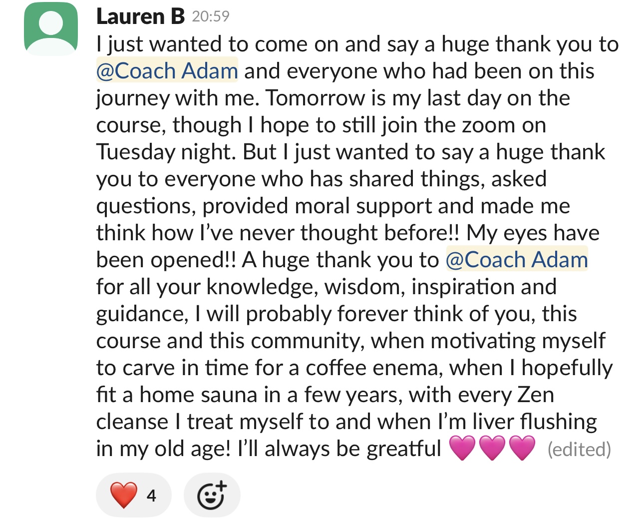 Client testimonial message
